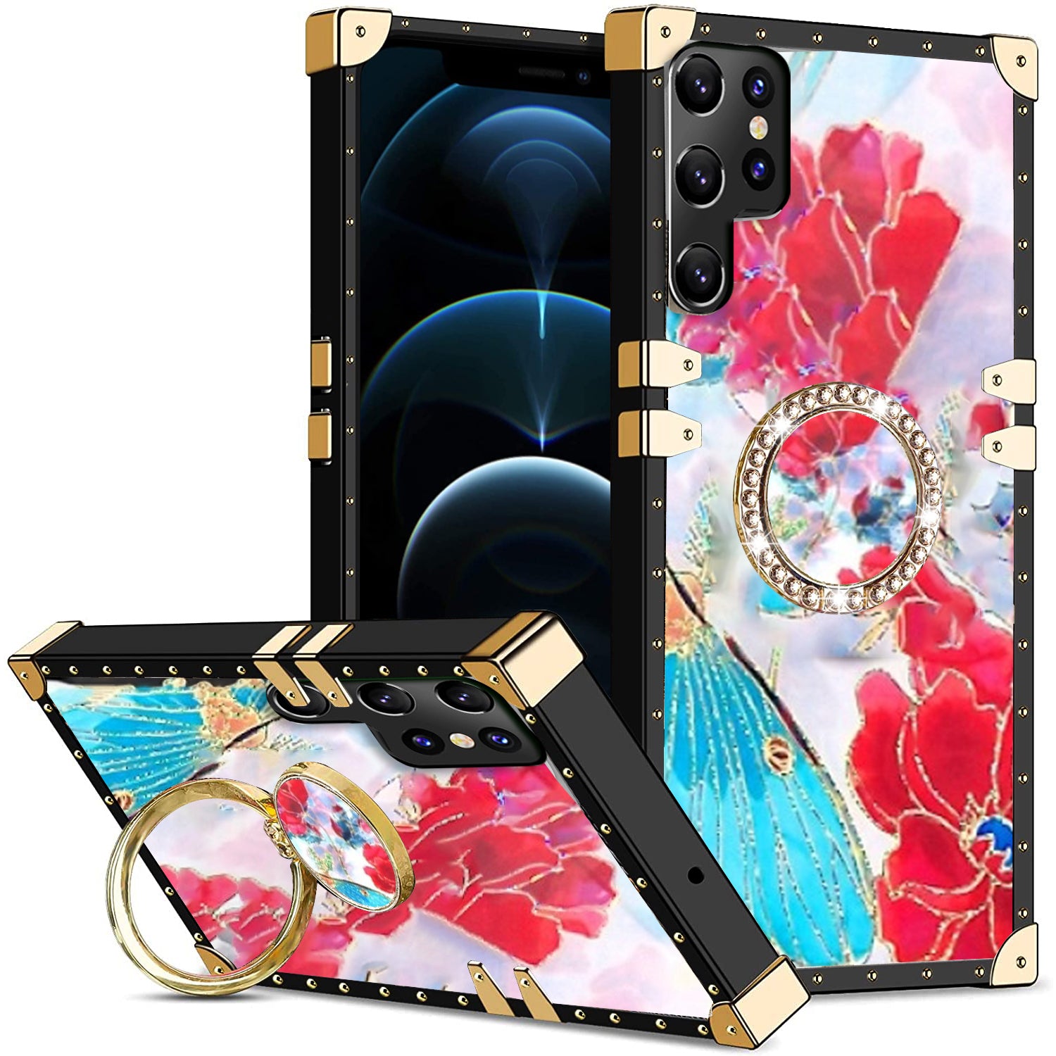 Samsung Galaxy S23 Ultra TPU Luxury Shiny Flower Fashion Case with Kickstand