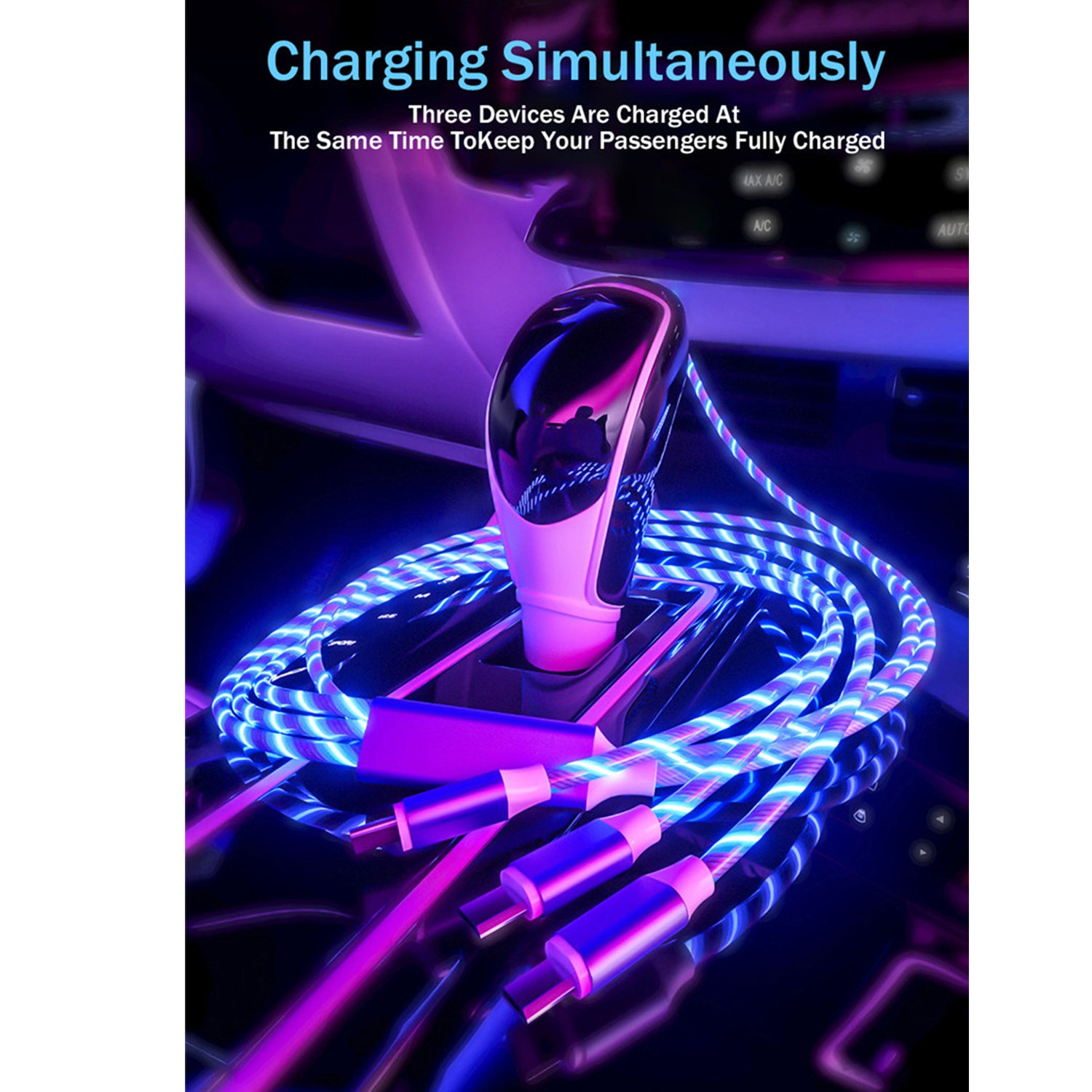 3in1 (Lightning& Type C& Micro) LED Flow Luminous Charging Cable for iPhone& Android Devices
