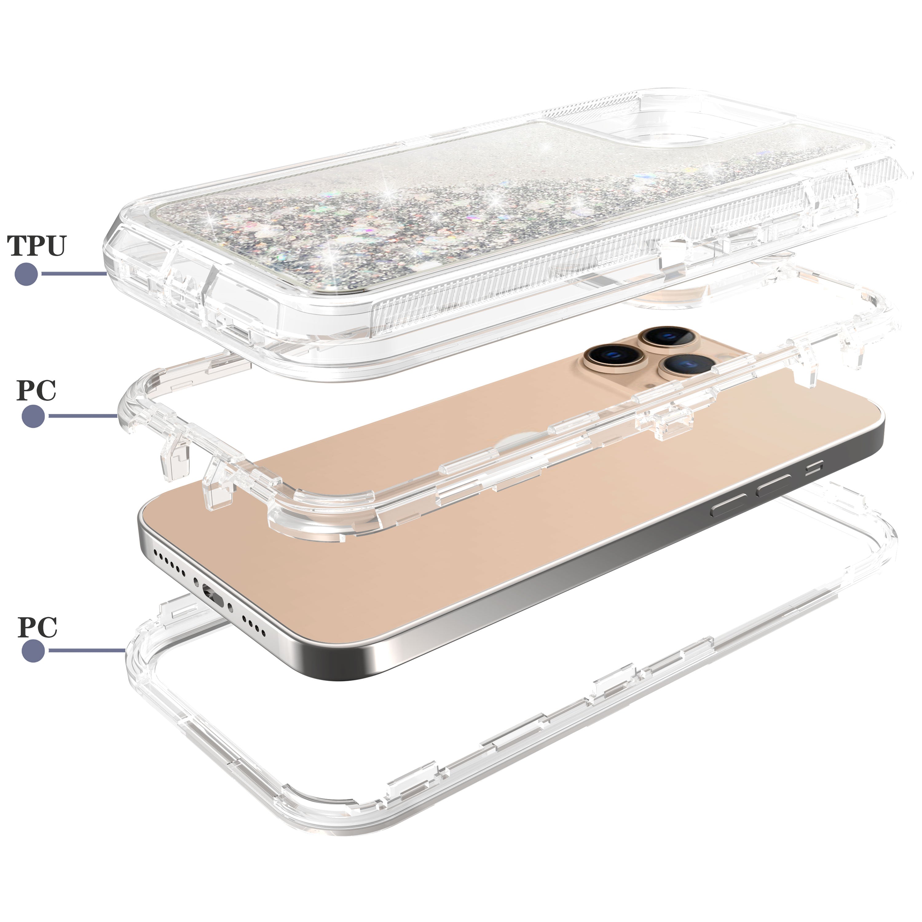 iPhone 14 Pro Transparent Floating Glitter Heavy Duty Case