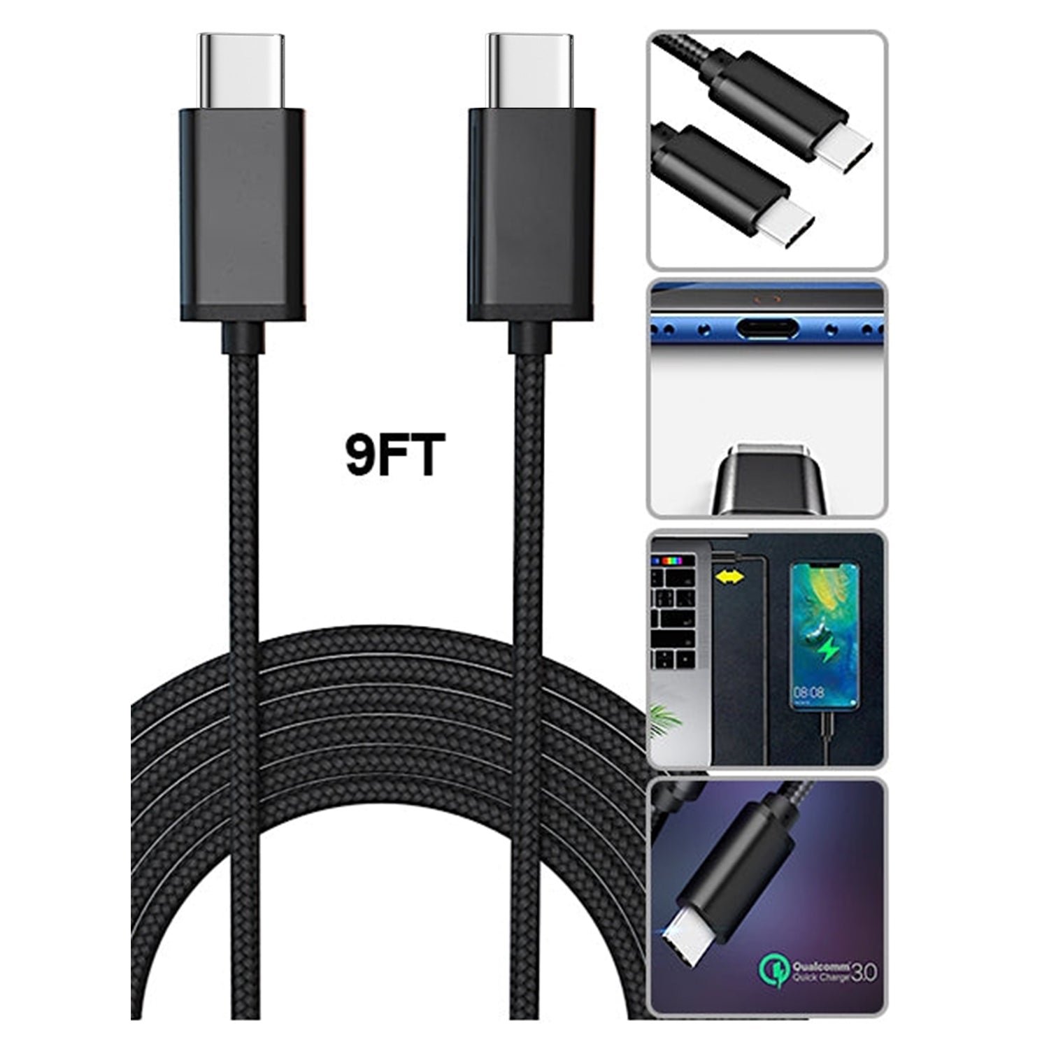 PD USB Type C to USB Type C Fast Charging Cable(300CM) - Black