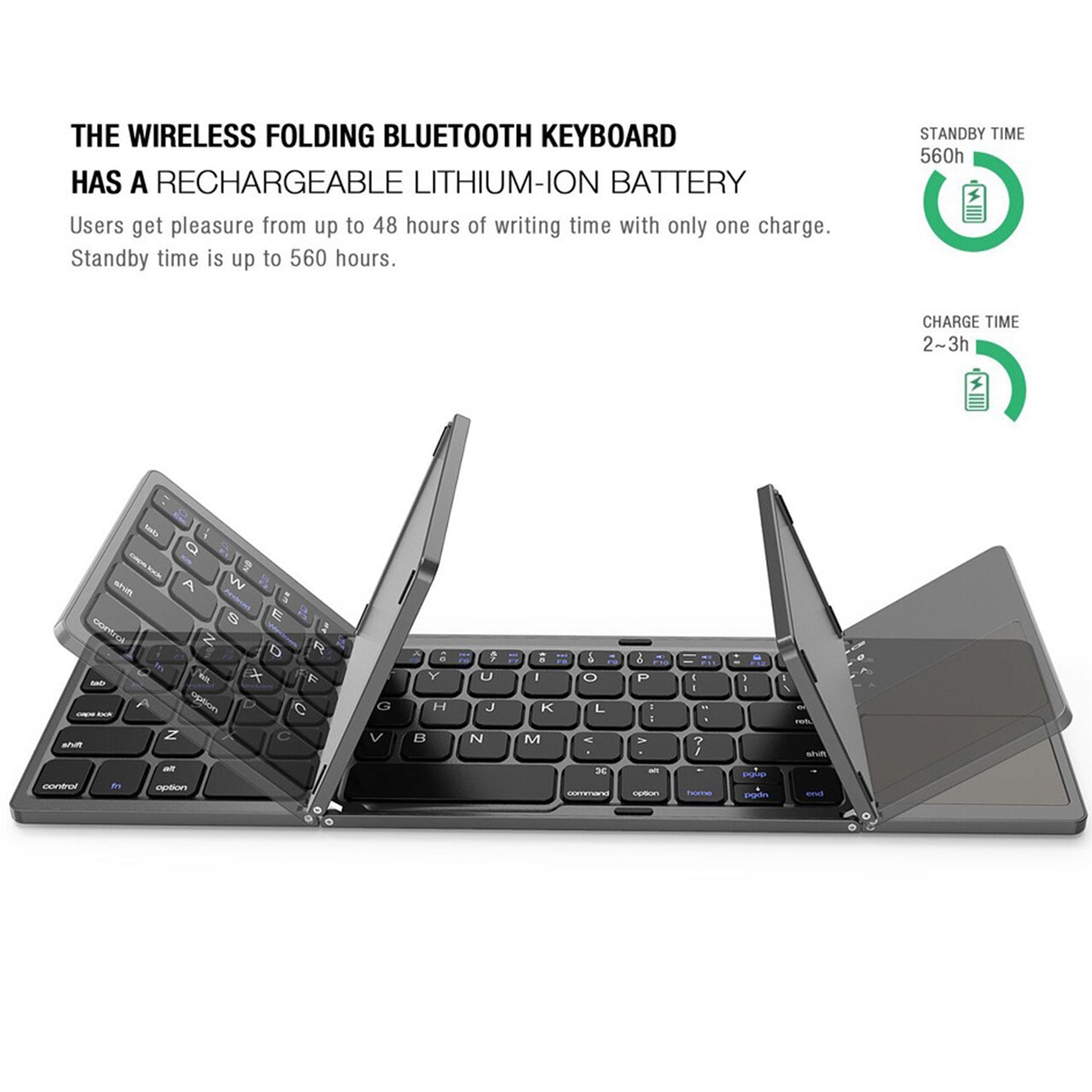 Portable Folding Wireless keyboard Bluetooth Rechargeable BT Touchpad Keypad for IOS/Android/Windows ipad Tablet-Black