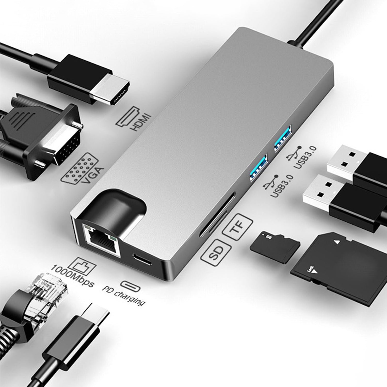 USB C Hub 8 in 1, 4K HDMI USB C Docking Station, Type-C Data Port, USB 3.0 Ports, Portable Data Hub for Notebook PC, Laptop-Sliver