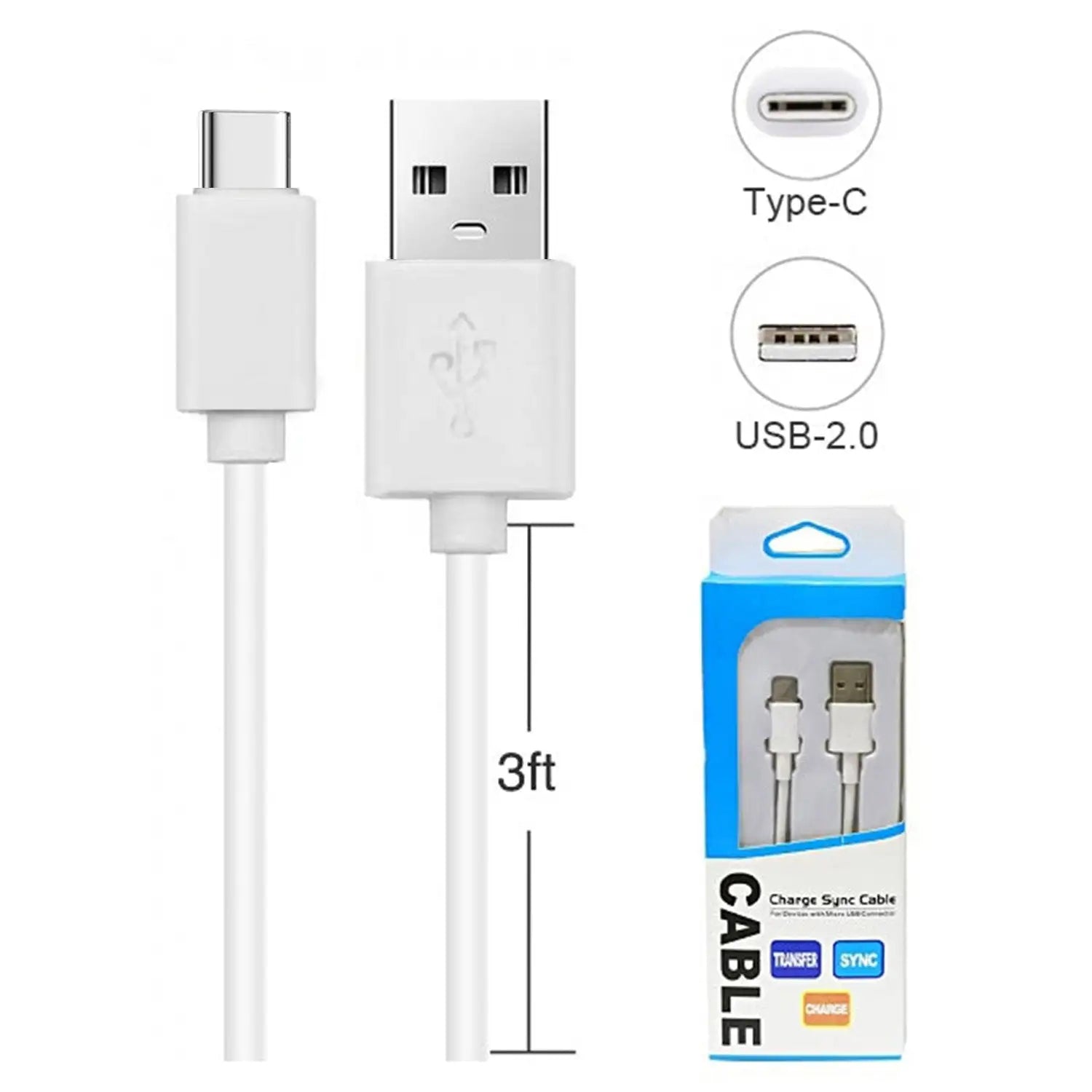 Heavy Duty  Fast Charging Sync USB Type-C Cable length (3FT)  -White