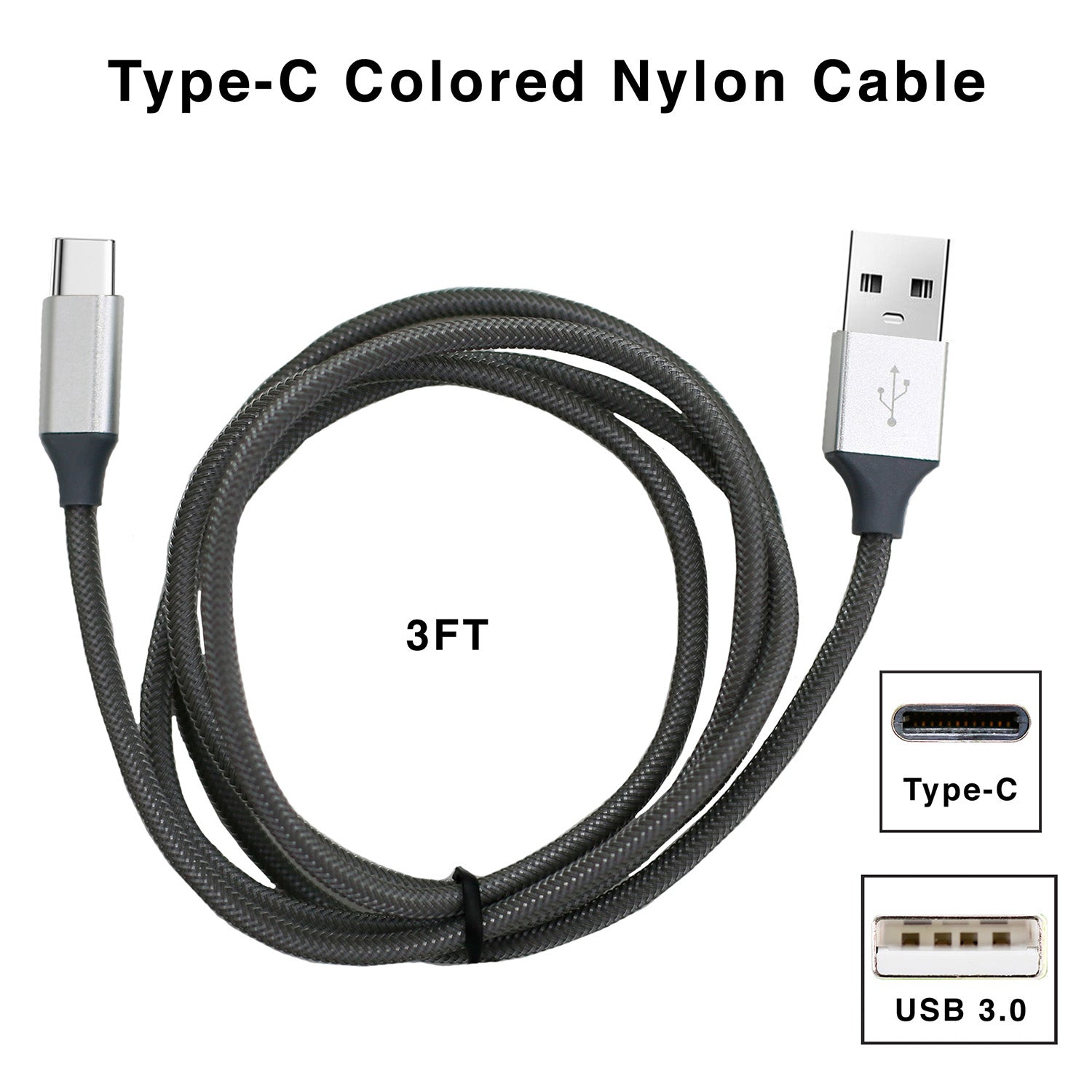 USB Type C Colored Nylon Cable (3FT) Gray