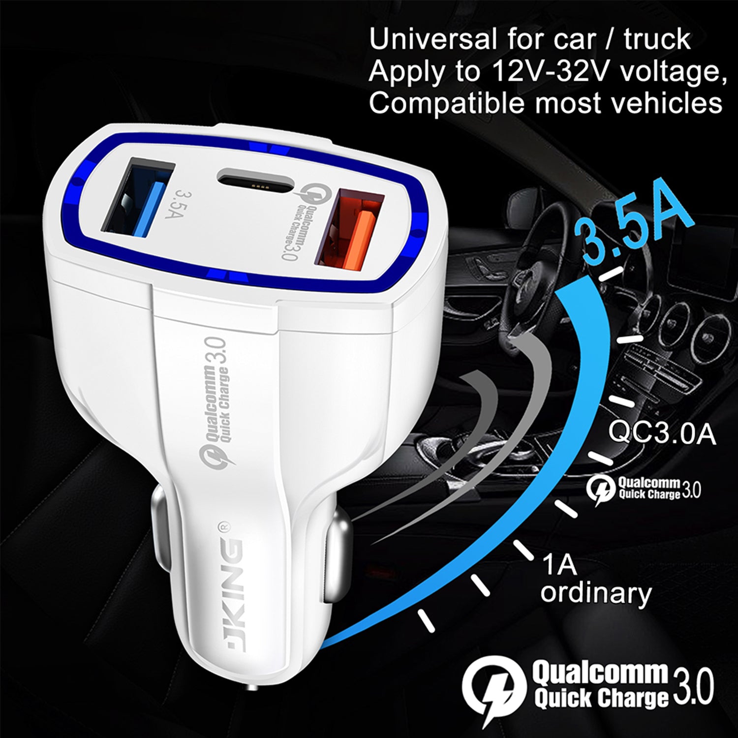 3 Ports (QC3.0+USB3.5+Type C) Car Adapter for iPhone 13/12/11 and Other Devices