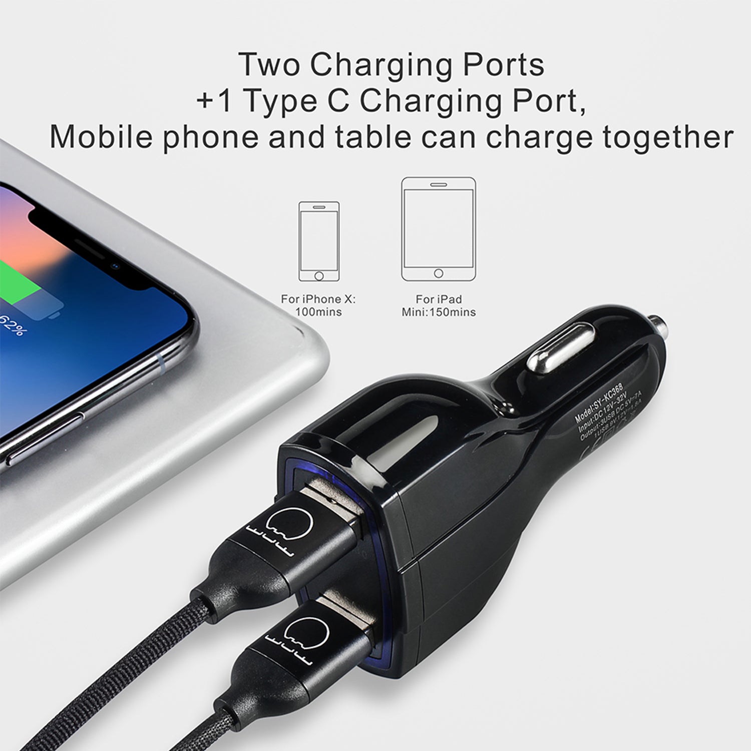 3 Ports (QC3.0+USB3.5+Type C) Car Adapter for iPhone 13/12/11 and Other Devices