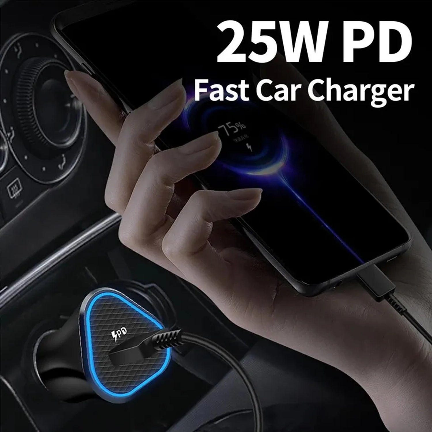 25W PD (Type-C＋Type-C）LED Lamp Light Car Fast Charge Compatible With iPhone 15 Series-Black