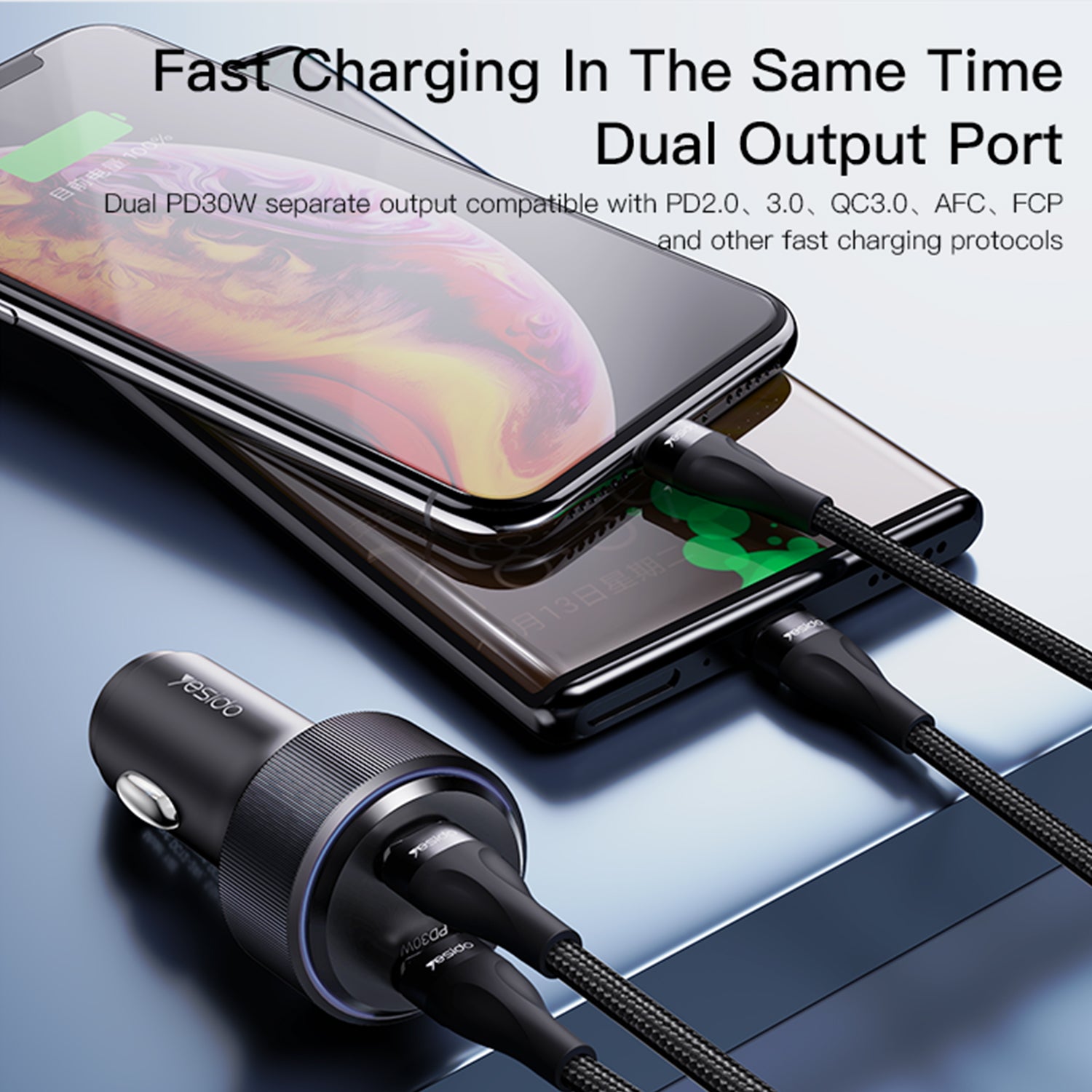 USB C 60W Car Charger, Dual Type C Car Fast Charging Adapter Compatible With iPhone 15 Series-Black