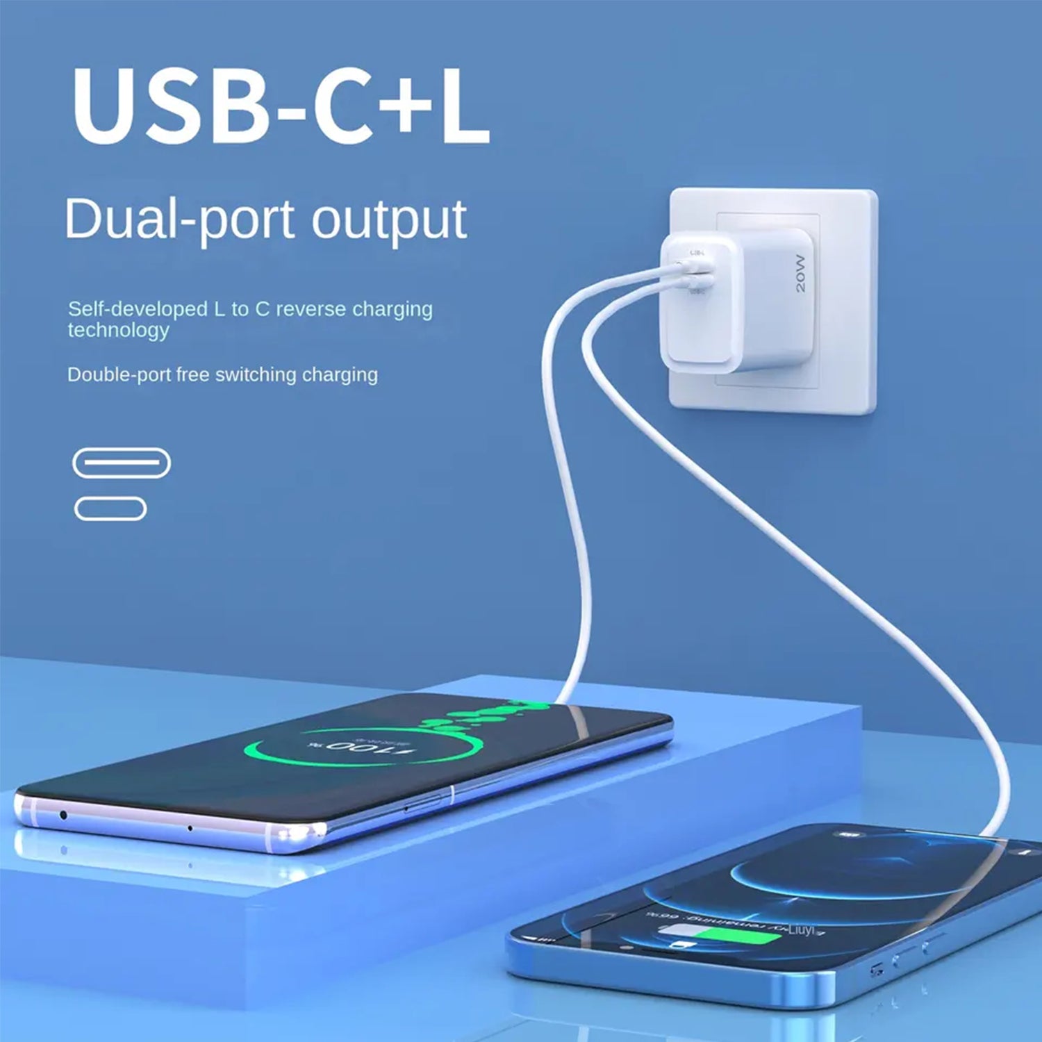 20W USB Wall PD Fast Charger,Dual Port（Type-C＋Lightning) Interface switching back and forth for iPhone 15，iPhone 15 Pro Max，iPhone 15 Pro，iPhone 15 Plus and iPhone 14 series.