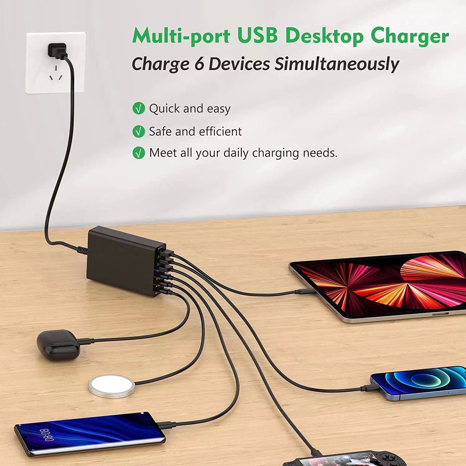 96W 6 Ports (3 USB3.0+3 Type-C )Quick Charger-Black