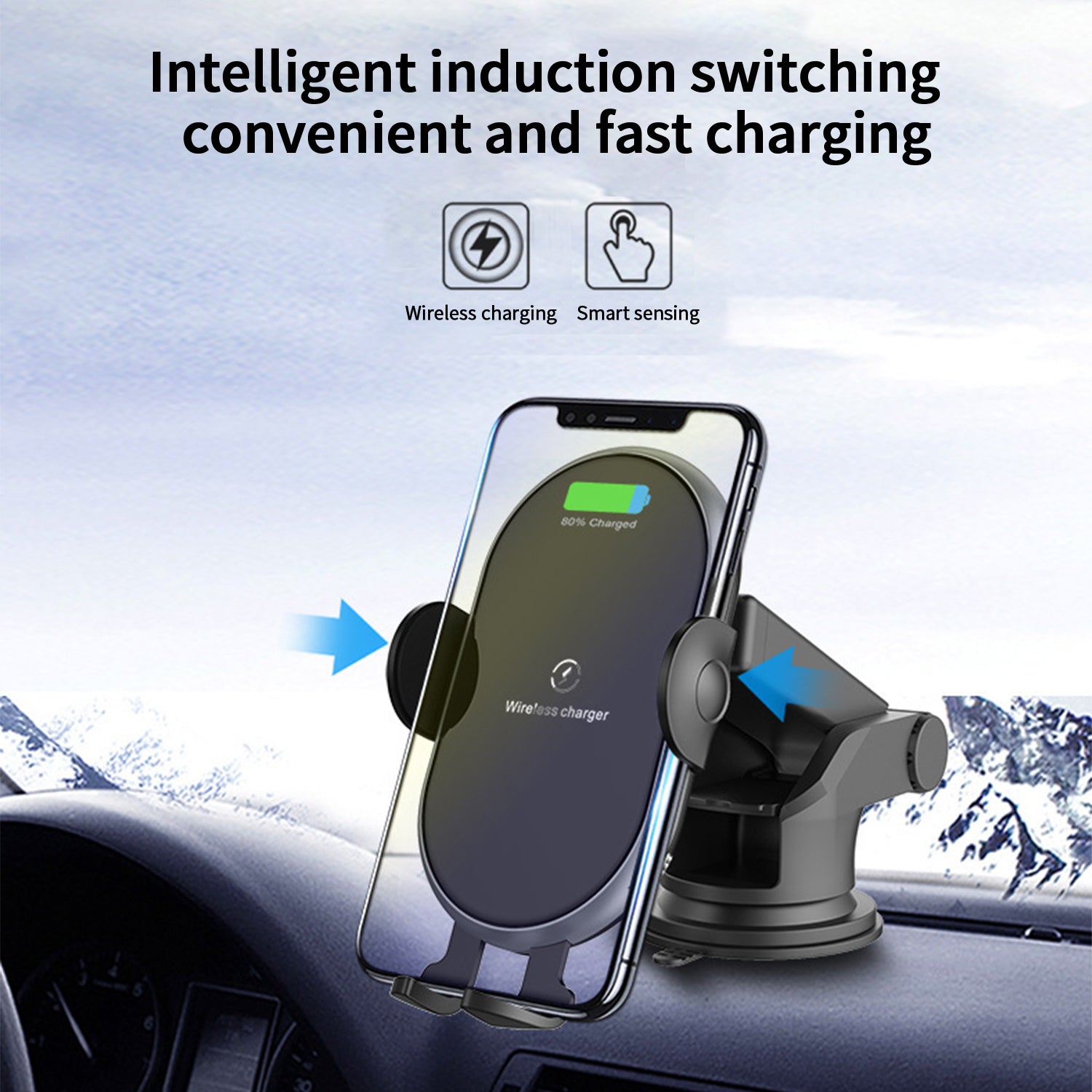 Car-mounted wireless charger Smart inductive open close，Removable bracket with sucker-Black