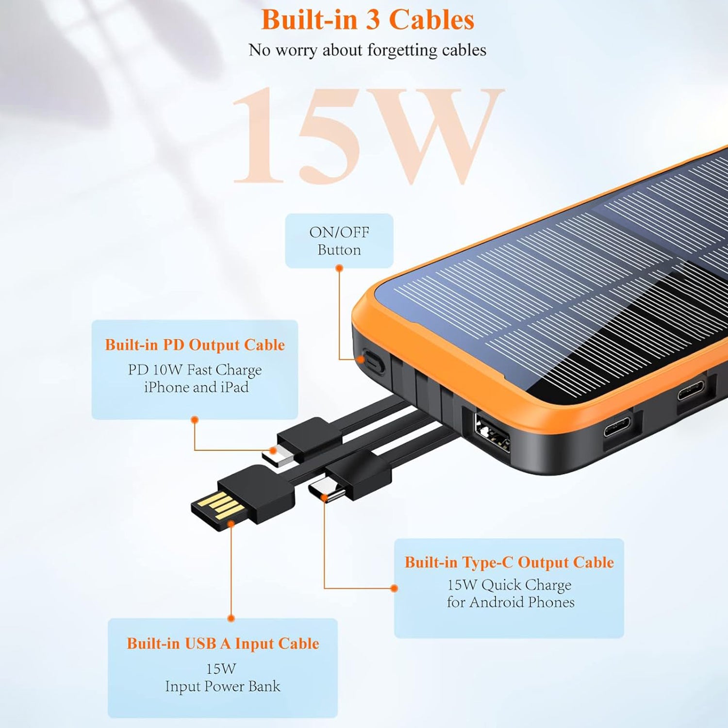 Solar fast charging with 3 LED lights and 3 cables ower bank support wireless-Orange