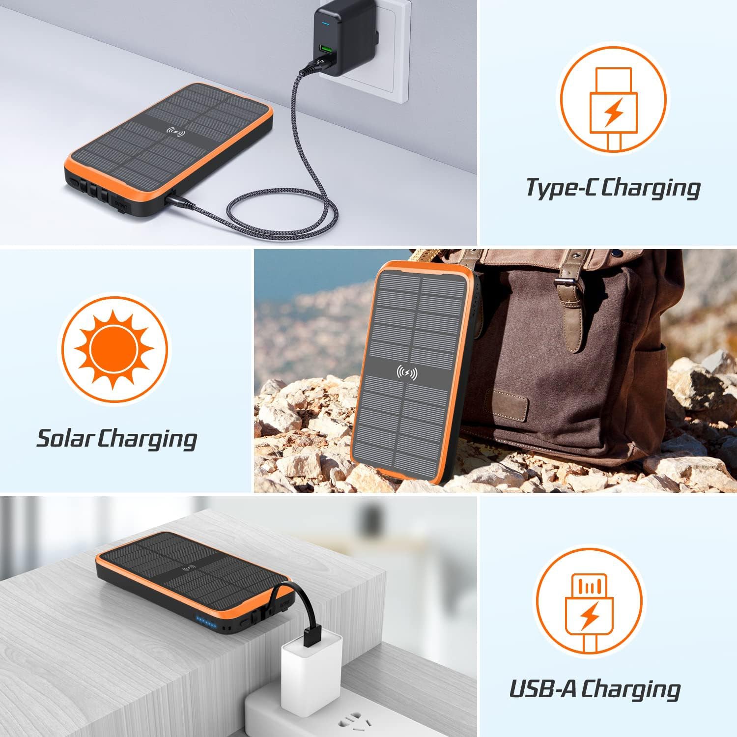 Solar fast charging with 3 LED lights and 3 cables ower bank support wireless-Orange