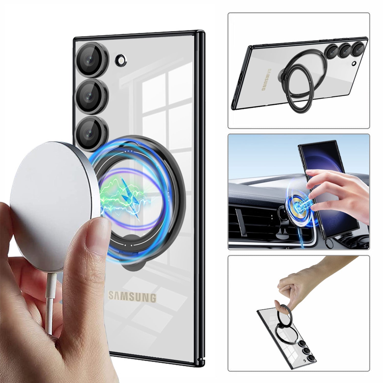 Samsung Galaxy S23 Plus Electroplated Magnetic Transparent Anti Drop Bracket Ring Phone Case