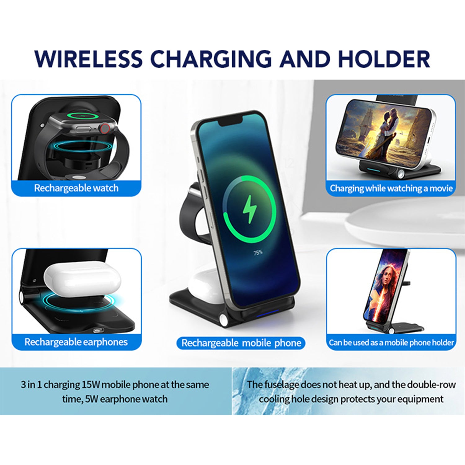 15 W 3 in 1 Wireless Fast Charger - Universal Compatibility, Foldable & Portable Design