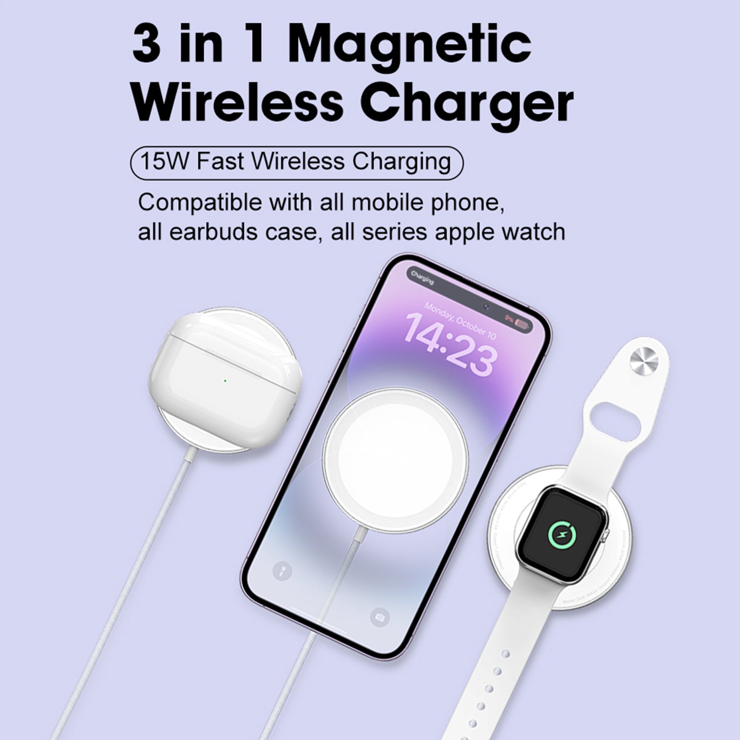 3 in 1 MagSafe Wireless Charging Cable USB and Type-C Ports Compatible with iPhone 15/14/13/12 Series-White