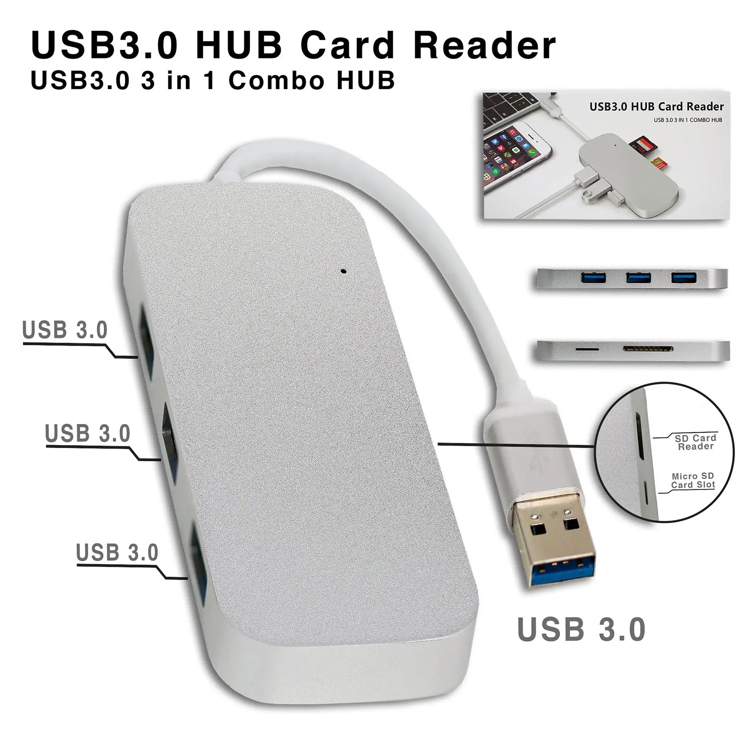 5 in 1 USB 3.0 HUB Card Reader for PC & Mac - Silver