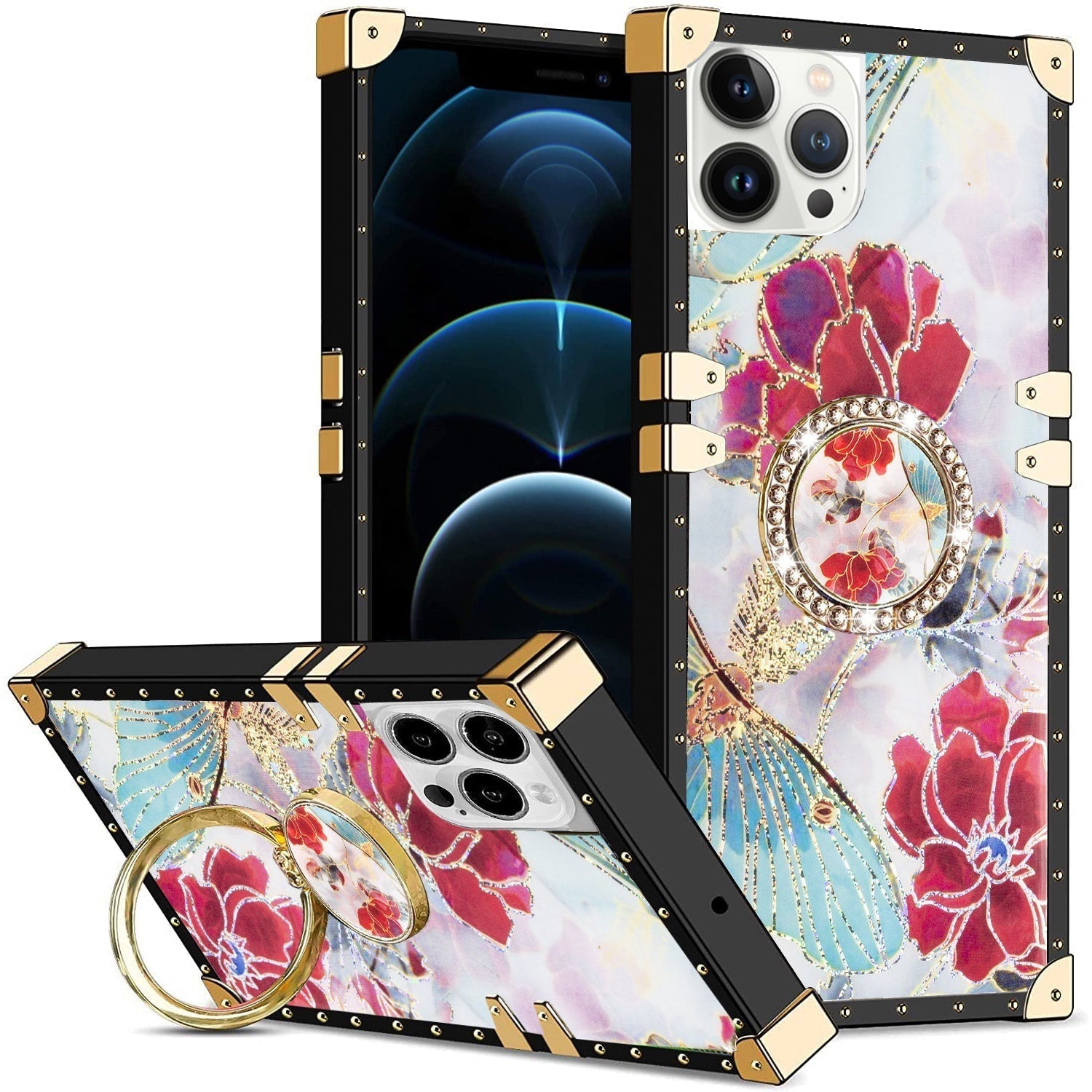 iPhone 14 Pro Max TPU Luxury Pink Flower Case with Kickstan