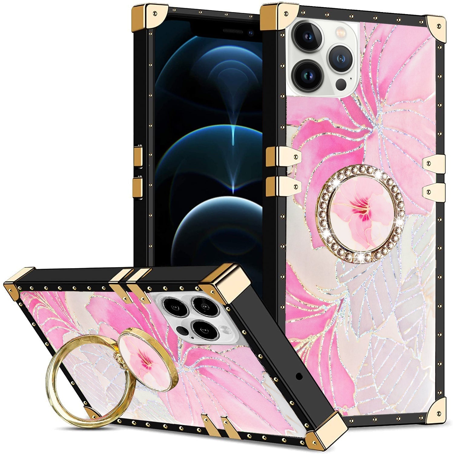 iPhone 14 Pro TPU Luxury Pink Flower Case with Kickstan