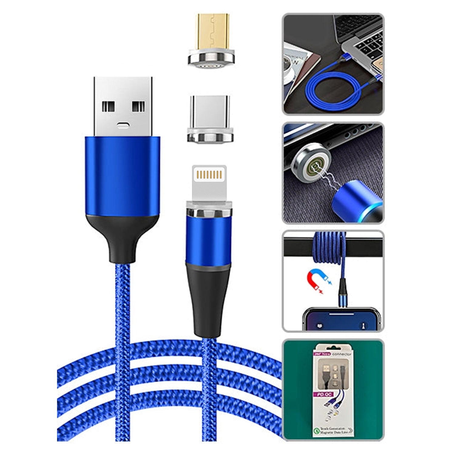 3 in 1 Multi Charging USB Nylon Cable Compatible with Most Smart Phones & Pads (3FT)