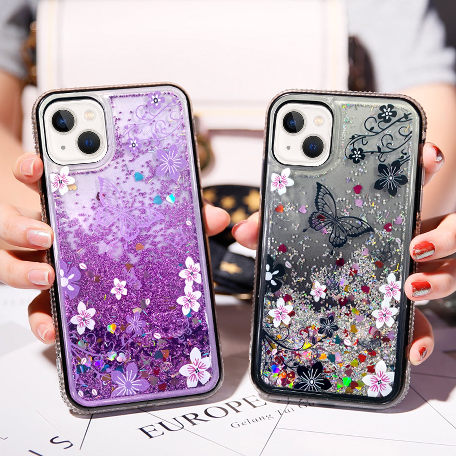 iPhone 14/13 Diamond inlaid on both sides, colorful butterfly quicksand  case