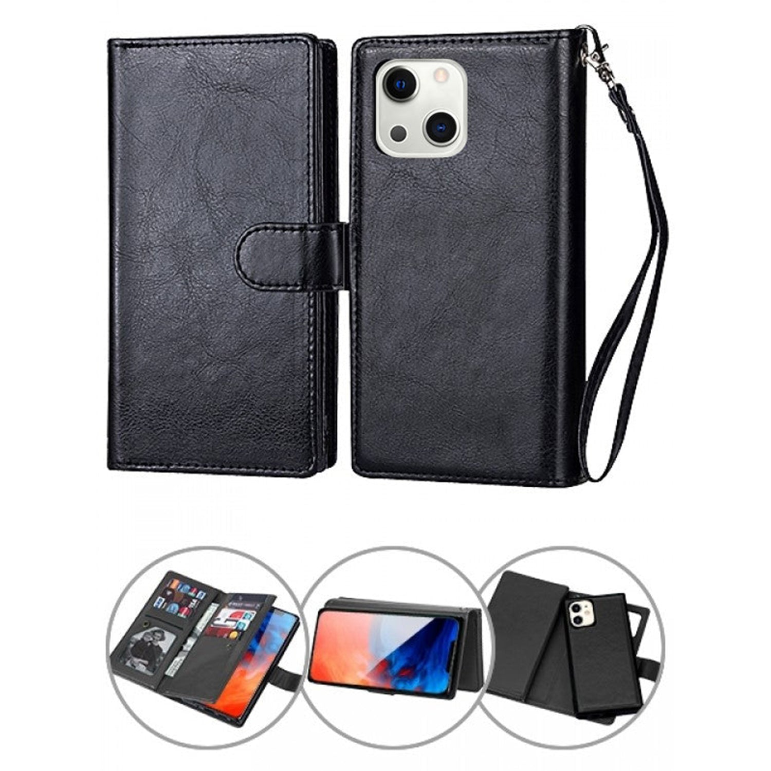 iPhone 13 Mini 2 in 1 Leather Wallet Case With 9 Credit Card Slots and Removable Back Cover 