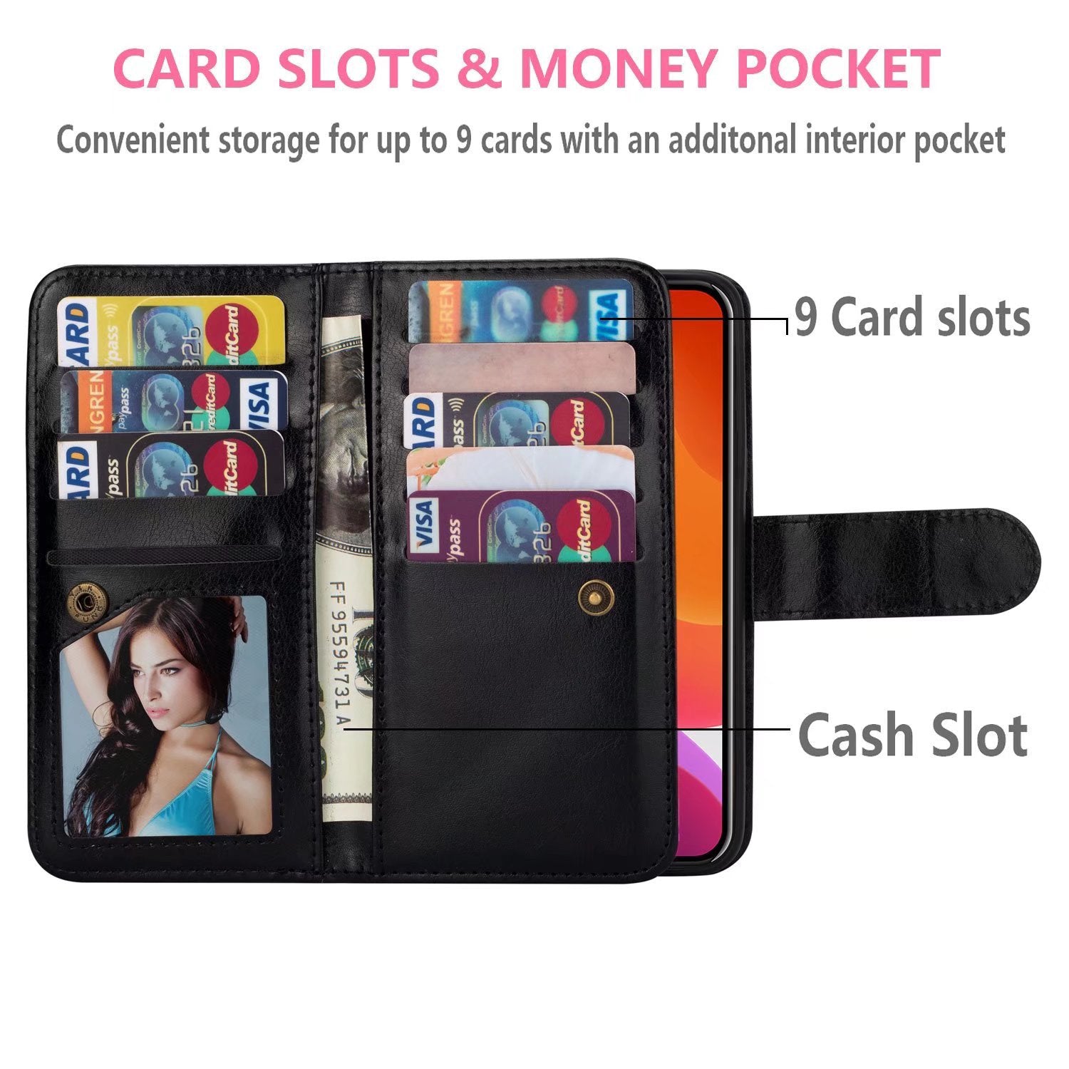 iPhone 14 Plus(6.7") 2 in 1 Leather Wallet Case With 9 Credit Card Slots and Removable Back Cover 