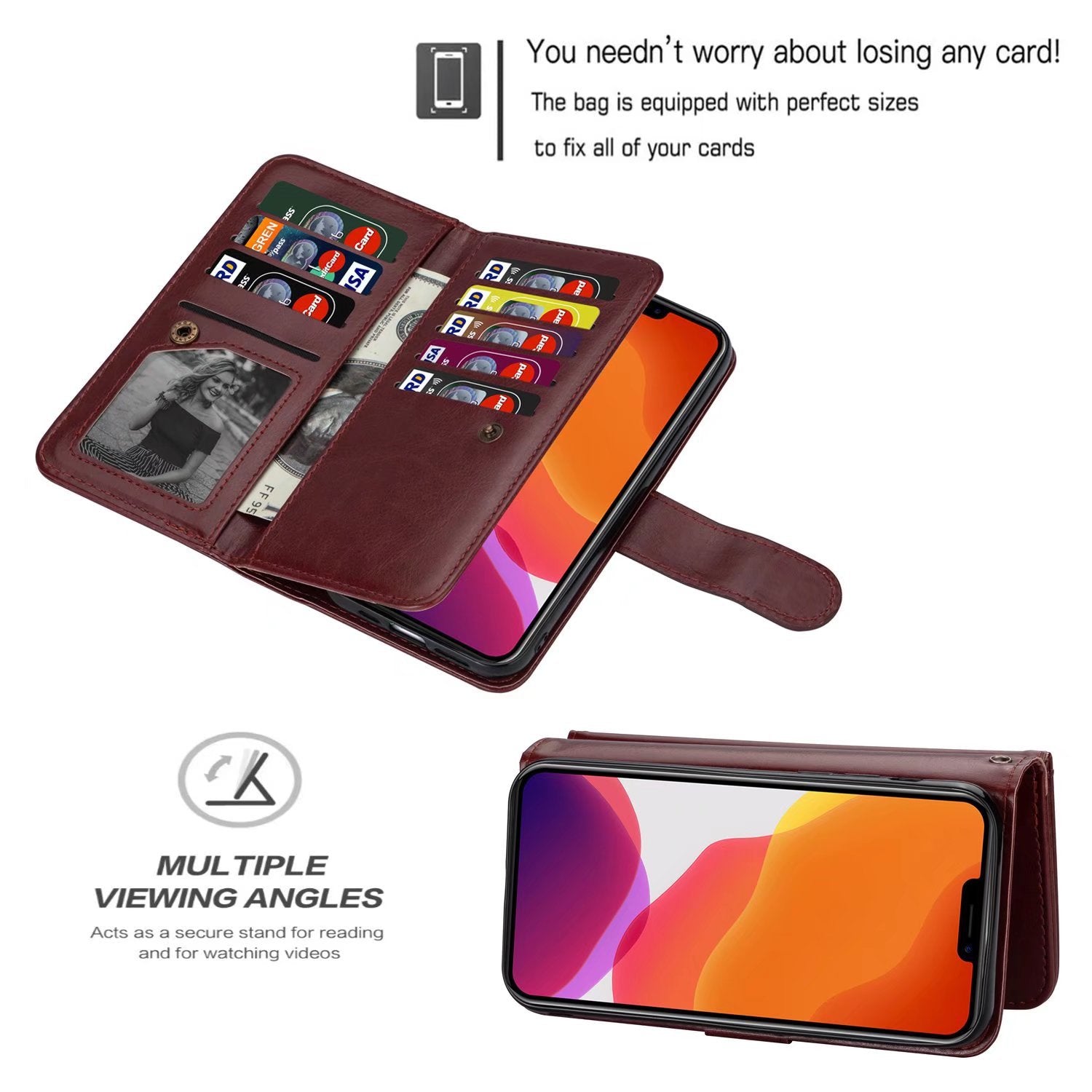 iPhone 14 Plus(6.7") 2 in 1 Leather Wallet Case With 9 Credit Card Slots and Removable Back Cover 