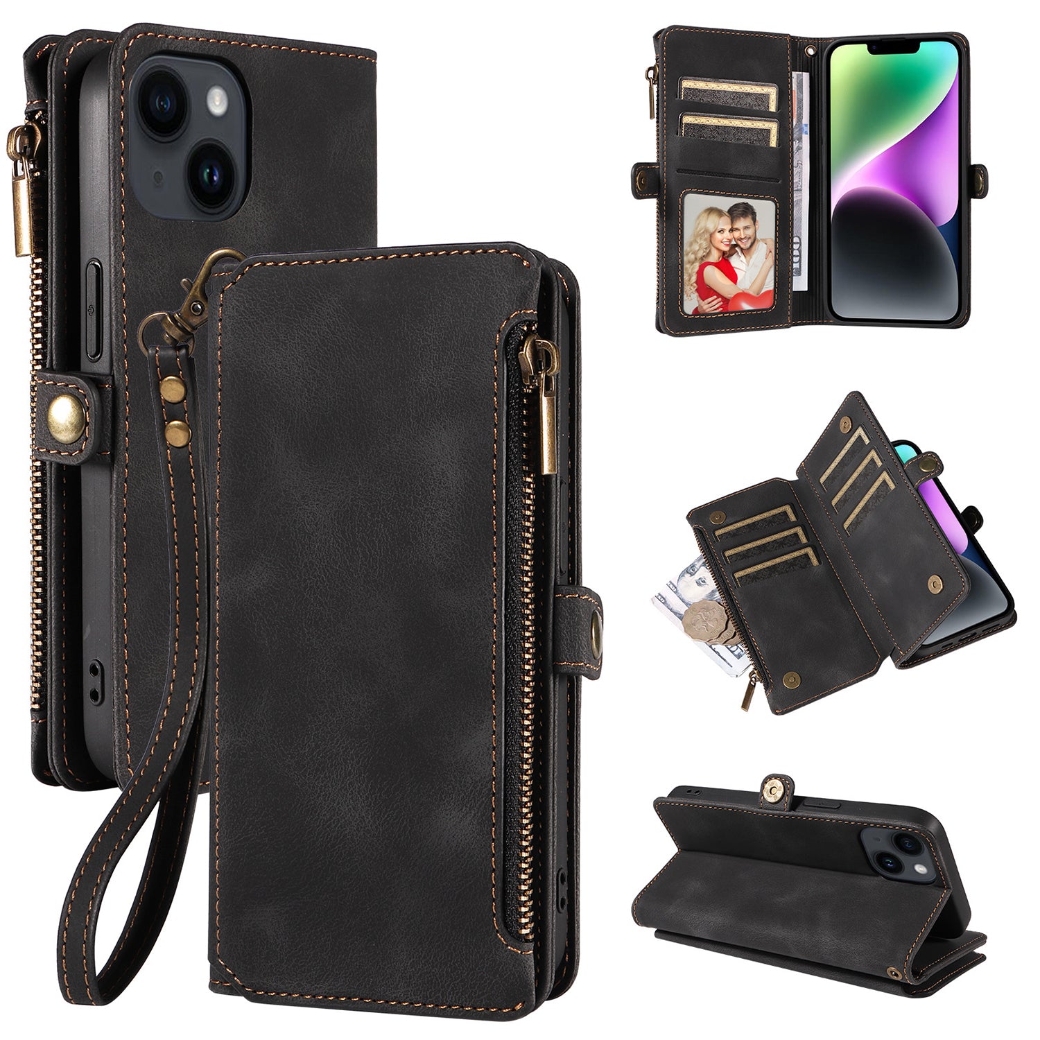 iPhone 14/13 Retro Premium Flip Leather Cover with 9 Card Holder & Zipper Cash Pocket & Wrist Strap