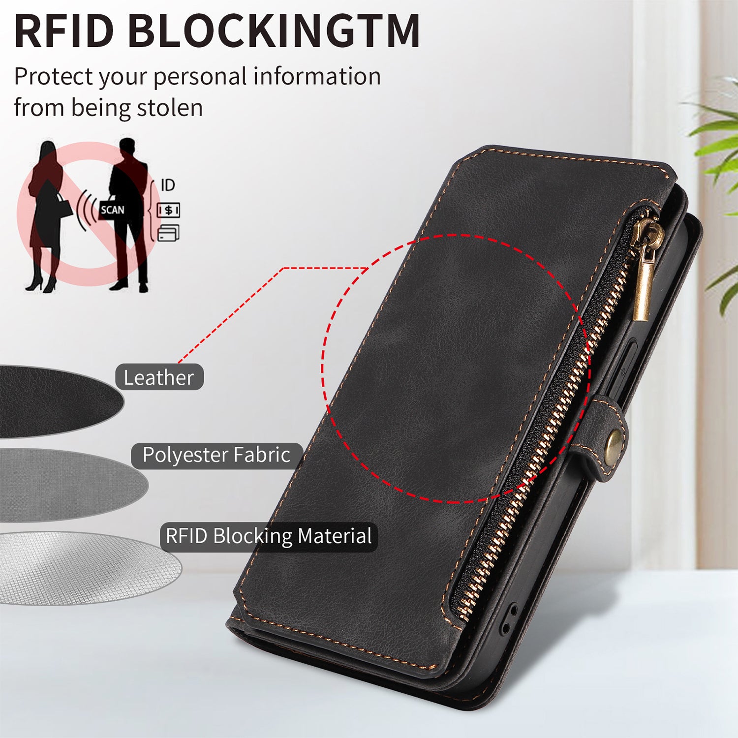 iPhone 14/13 Retro Premium Flip Leather Cover with 9 Card Holder & Zipper Cash Pocket & Wrist Strap