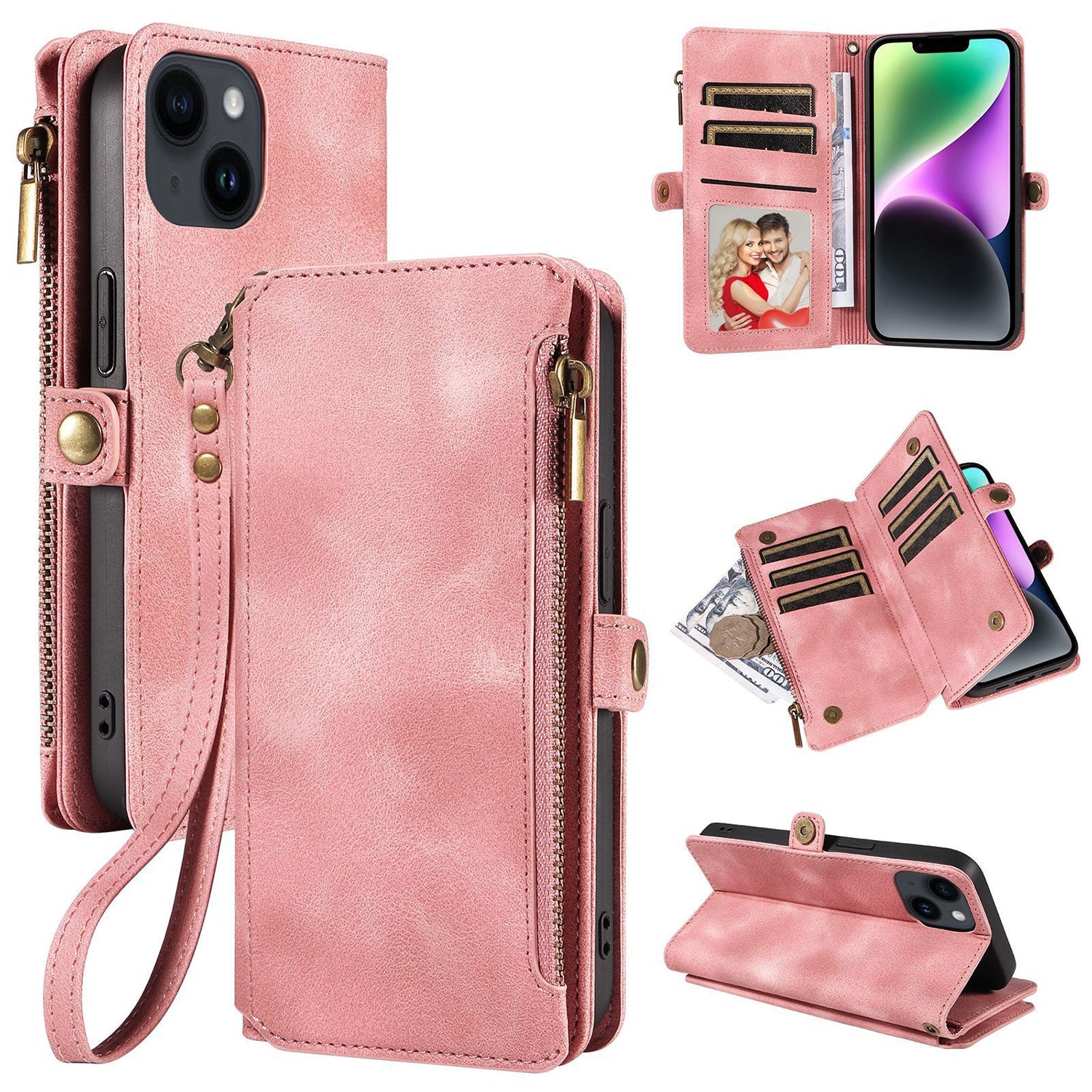 iPhone 14 Plus Retro Premium Flip Leather Cover with 9 Card Holder & Zipper Cash Pocket & Wrist Strap