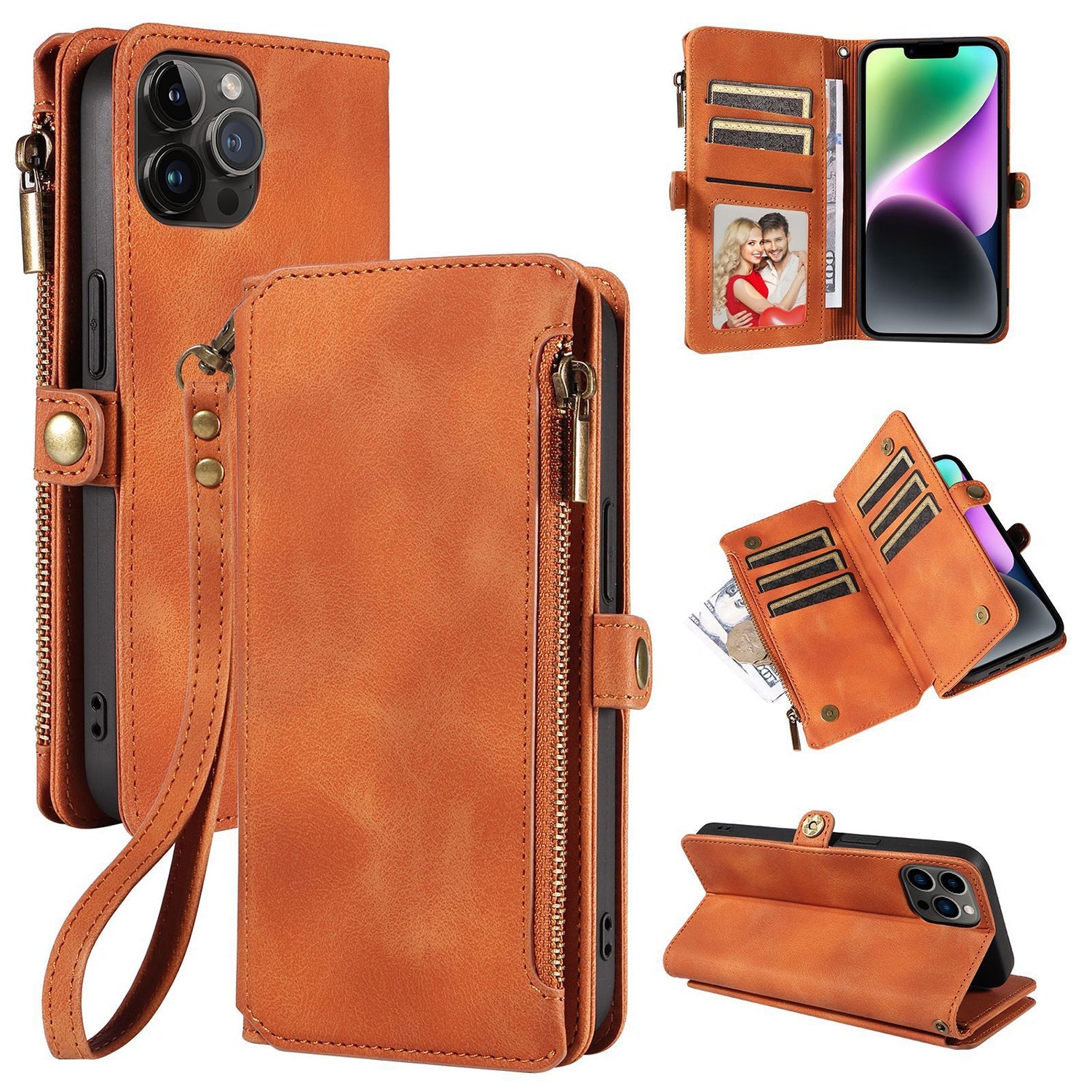 iPhone 14 Pro Max Retro Premium Flip Leather Cover with 9 Card Holder & Zipper Cash Pocket & Wrist Strap