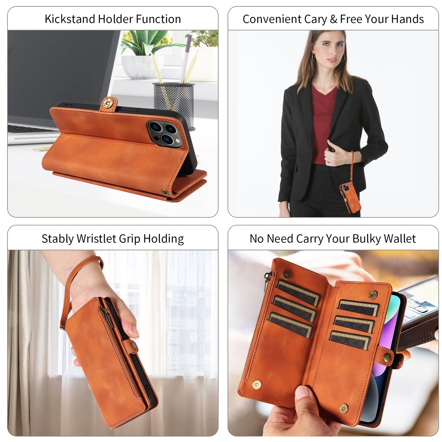 iPhone 13 Pro Max Retro Premium Flip Leather Cover with 9 Card Holder & Zipper Cash Pocket & Wrist Strap