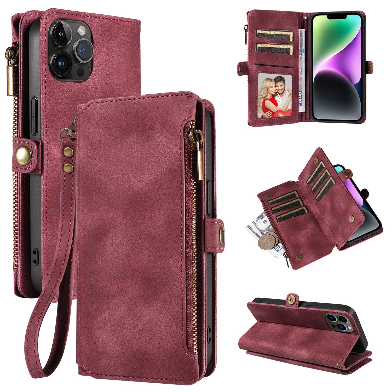 iPhone 14 Pro Retro Premium Flip Leather Cover with 9 Card Holder & Zipper Cash Pocket & Wrist Strap