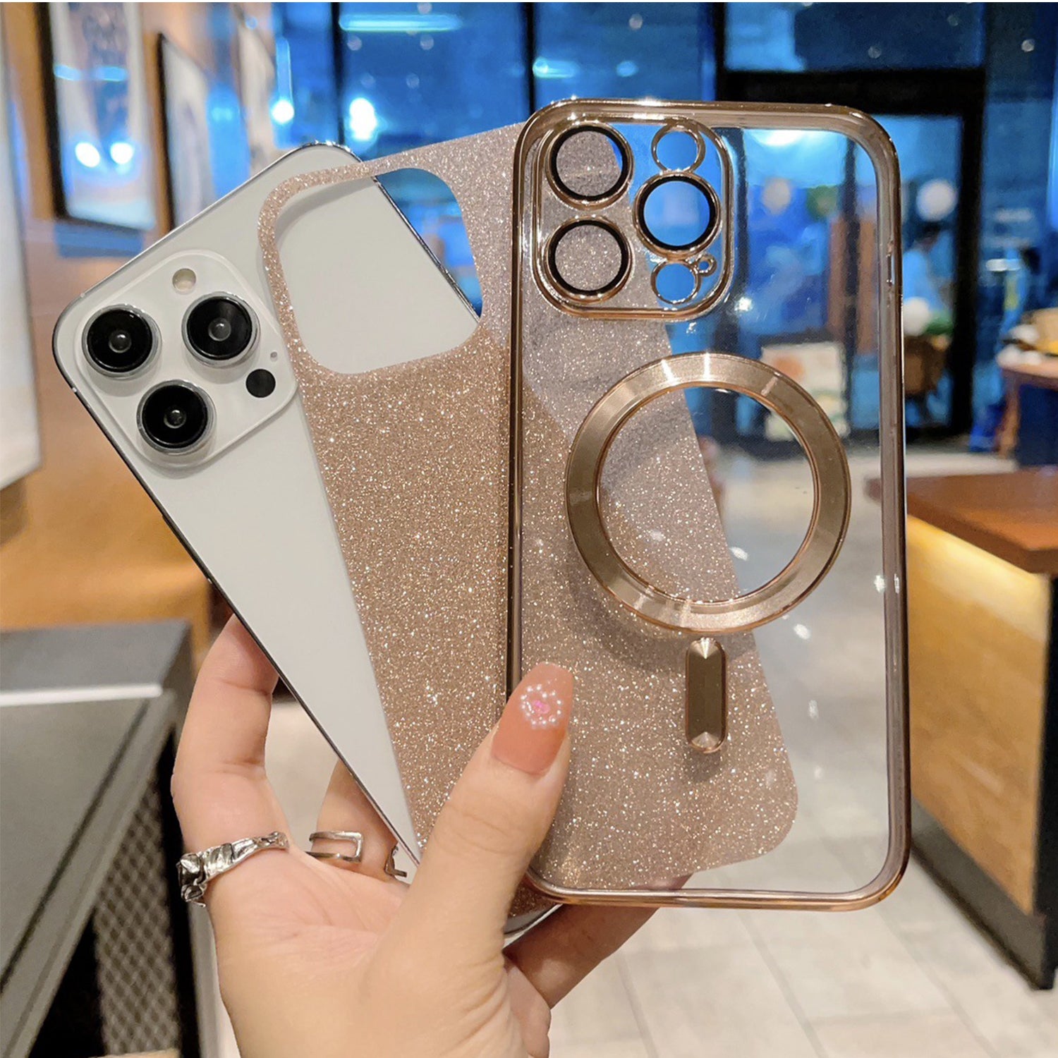 iPhone 14 Pro Gradient Glitter Diamond Luxury Plating Magnetic Attraction Wireless Charging With Camera Protector Back Cover Case