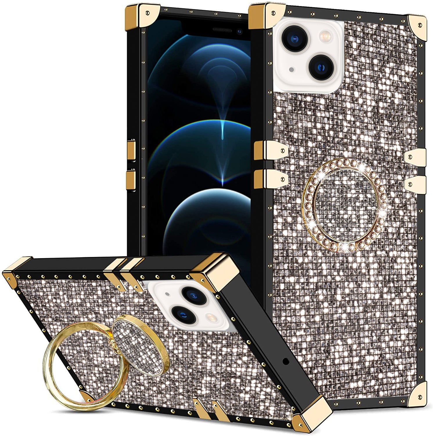 iPhone 13 mini Fashion Case TPU Luxury Grey Diamonds  with Kickstand