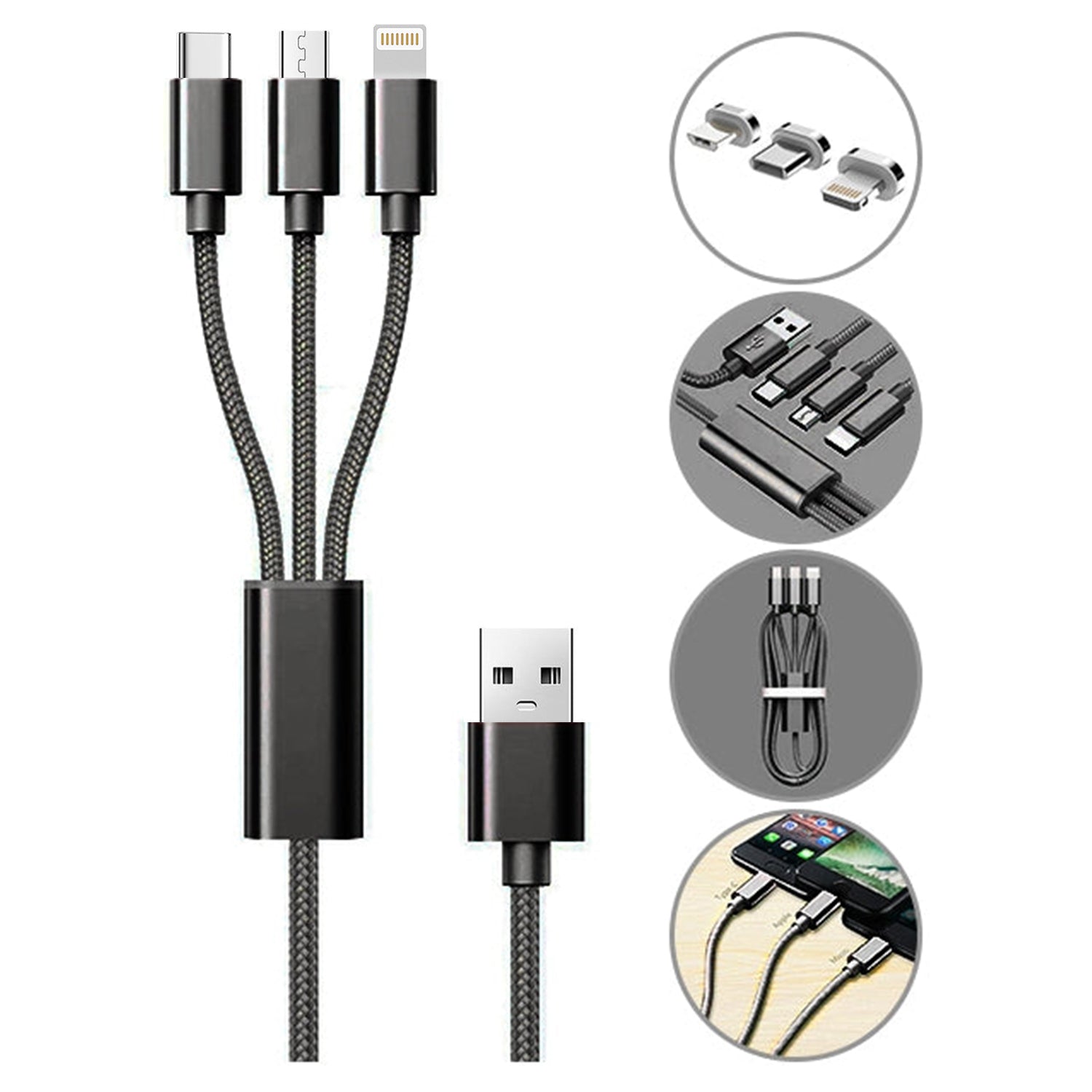 3 in 1 Multi Charging USB Nylon Cable Compatible with Most Smart Phones & Pads (3FT)