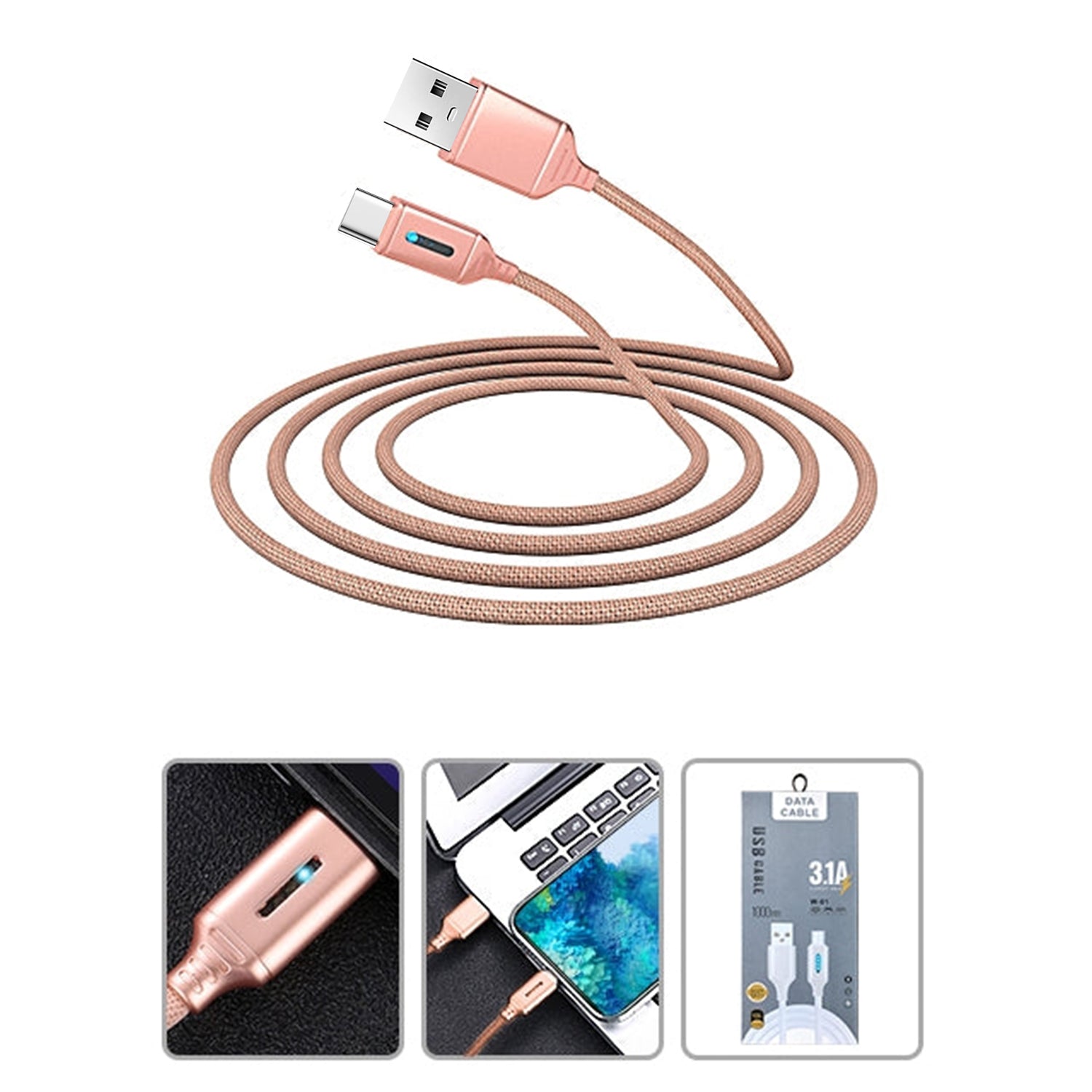LED Visible Flowing Type C USB Fast Charging USB Cable- White
