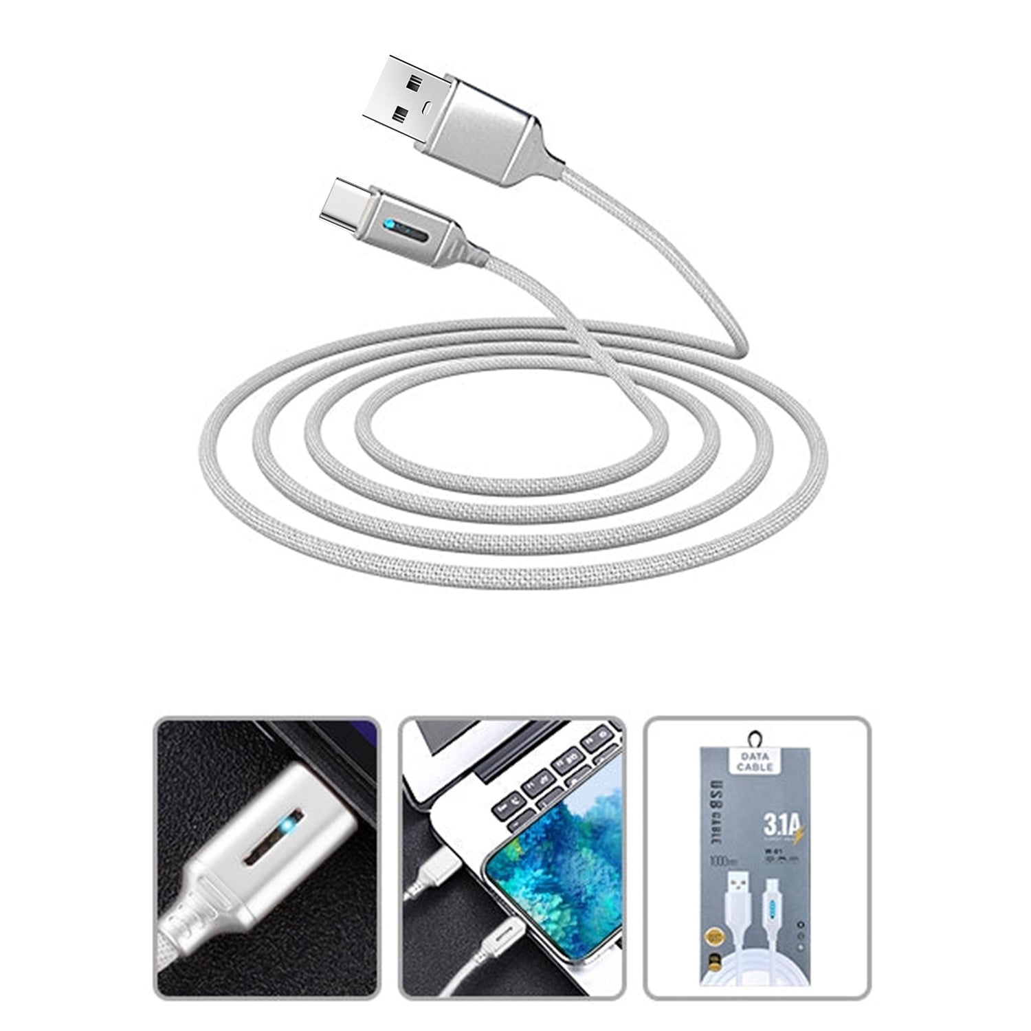 LED Visible Flowing Type C USB Fast Charging USB Cable- White