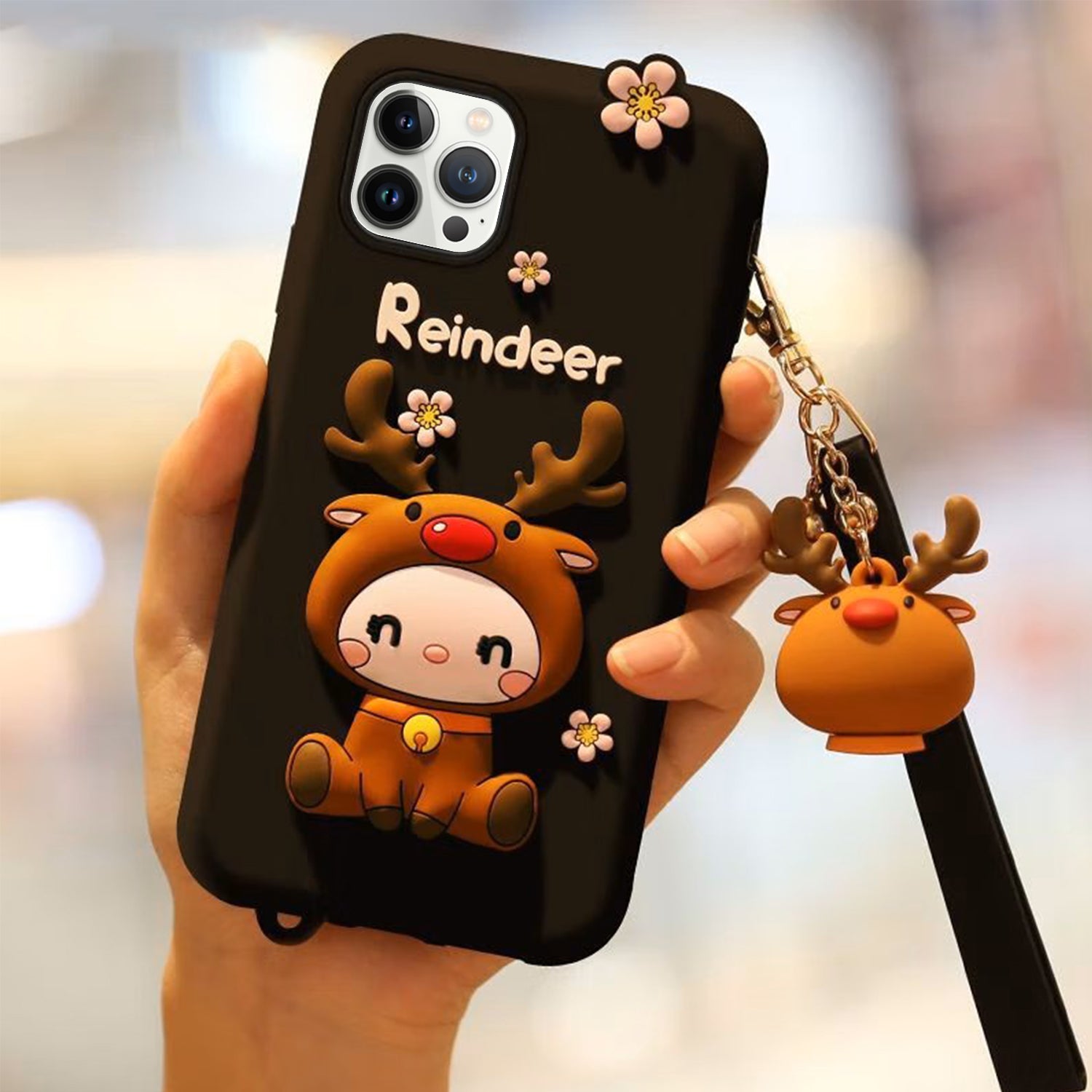 3D Silicone Cute Reindeer With Pendant Cartoon Case for iPhone 12 Pro Max (6.7")