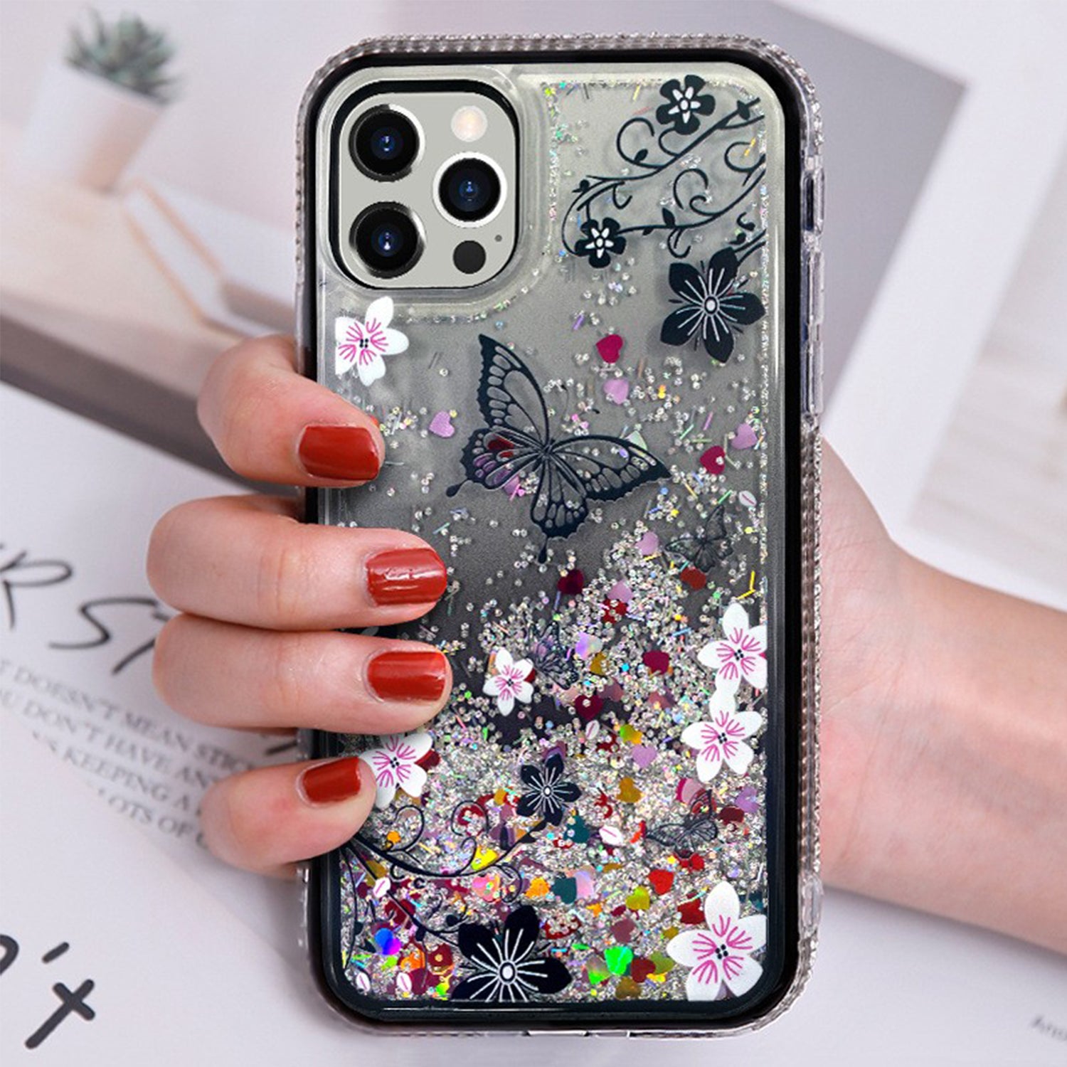 iPhone 13 Pro Diamond inlaid on both sides, colorful butterfly quicksand  case