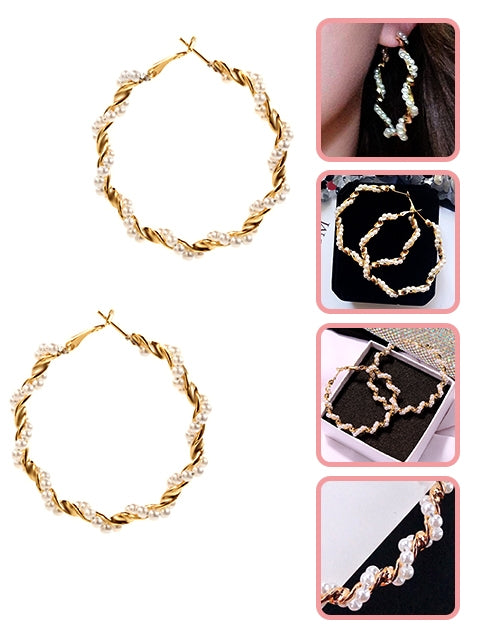 A Dozen of Gold Metal Large Hoop with Pearl Fashion Earrings (E775)