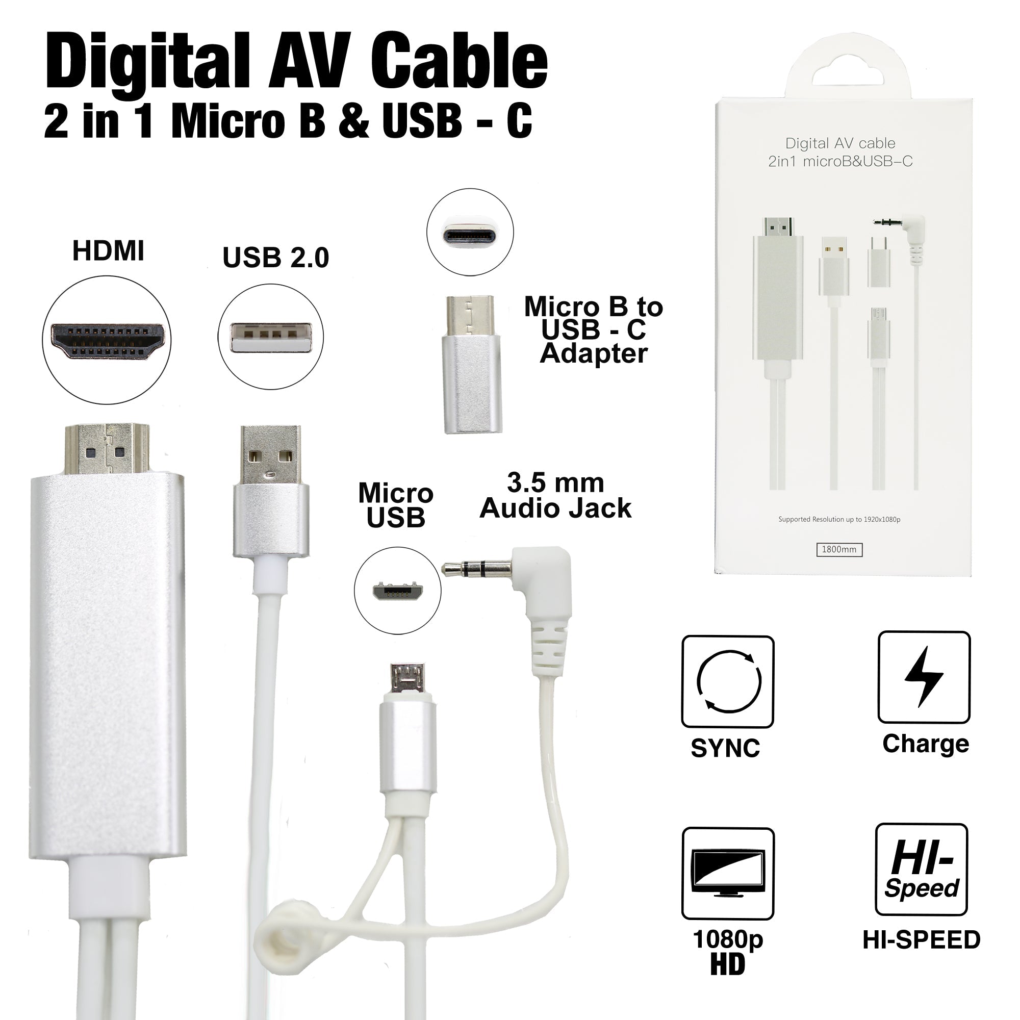 Digital AV Cable 2 in 1 Micro B & USB - C (Silver)