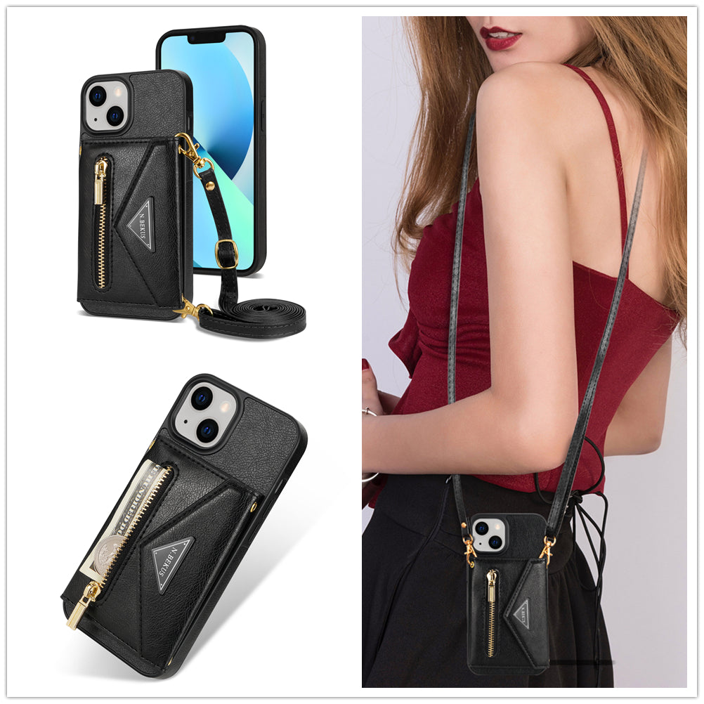 iPhone 14/13 lanyard 2 in 1 Leather card bag case card slots